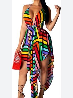 RAINBOW Multi-Color PRIDE Striped Halter High-Low Dress sz XL